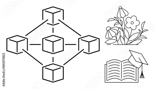 Blockchain, decentralized technology, education, learning concepts, nature illustration, growth. Line-art blocks connected in a network, book with graduation cap flowers. Blockchain and education