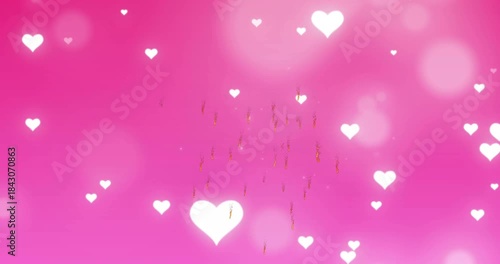 Center gold spark starting burst streaks falling while hearts pulsing and forming valentine scene