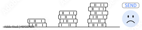 Financial issues. Stacks of coins show financial progression, but a sad face suggests stress and challenges. Financial issues, wealth management, and economic struggles. For finance, budgeting