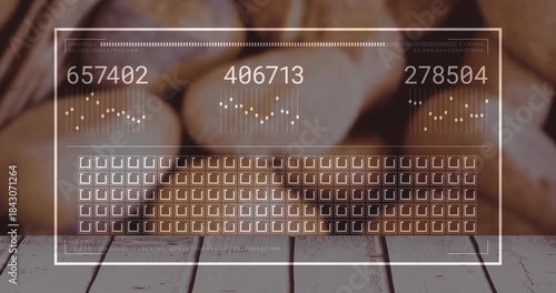 White HUD fading in over blurred buns, readouts updating, grid scanning, showing bakery metrics