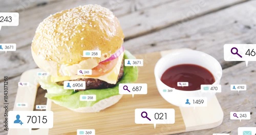 Search icon appearing, sesame burger anchoring as callouts popping and clustering, showing stats