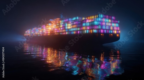 Fototapeta Naklejka Na Ścianę i Meble -  Container ship, luminous cargo blocks forming abstract patterns, 3D illustration.