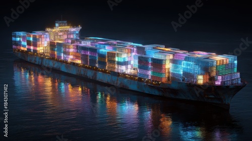 Fototapeta Naklejka Na Ścianę i Meble -  Container ship, luminous cargo blocks forming abstract patterns, 3D illustration.