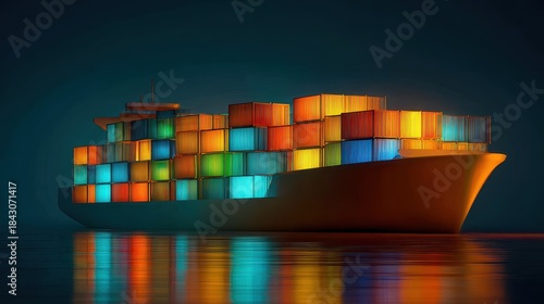 Fototapeta Naklejka Na Ścianę i Meble -  Container ship, luminous cargo blocks forming abstract patterns, 3D illustration.