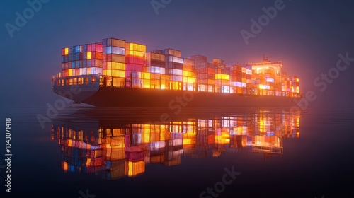 Fototapeta Naklejka Na Ścianę i Meble -  Container ship, luminous cargo blocks forming abstract patterns, 3D illustration.