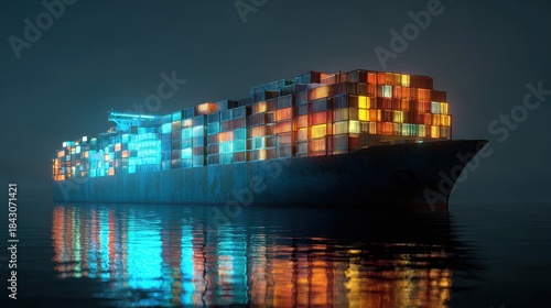 Fototapeta Naklejka Na Ścianę i Meble -  Container ship, luminous cargo blocks forming abstract patterns, 3D illustration.