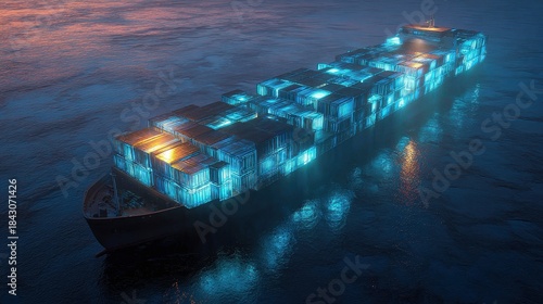 Fototapeta Naklejka Na Ścianę i Meble -  Container ship, luminous cargo blocks forming abstract patterns, 3D illustration.