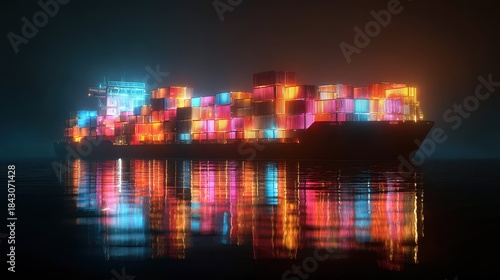 Fototapeta Naklejka Na Ścianę i Meble -  Container ship, luminous cargo blocks forming abstract patterns, 3D illustration.