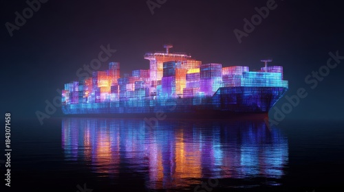 Fototapeta Naklejka Na Ścianę i Meble -  Container ship, luminous cargo blocks forming abstract patterns, 3D illustration.