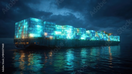 Fototapeta Naklejka Na Ścianę i Meble -  Container ship, luminous cargo blocks forming abstract patterns, 3D illustration.
