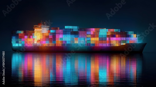 Fototapeta Naklejka Na Ścianę i Meble -  Container ship, luminous cargo blocks forming abstract patterns, 3D illustration.
