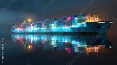 Fototapeta Naklejka Na Ścianę i Meble -  Container ship, luminous cargo blocks forming abstract patterns, 3D illustration.