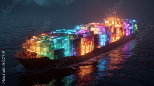 Fototapeta Naklejka Na Ścianę i Meble -  Container ship, luminous cargo blocks forming abstract patterns, 3D illustration.