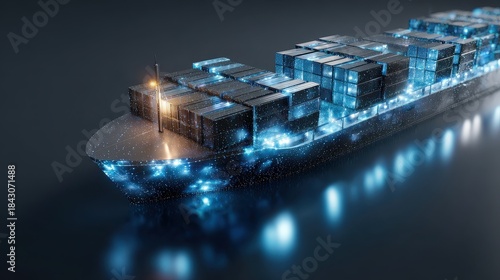 Fototapeta Naklejka Na Ścianę i Meble -  Container ship, luminous cargo blocks forming abstract patterns, 3D illustration.