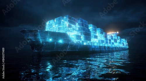 Fototapeta Naklejka Na Ścianę i Meble -  Container ship, luminous cargo blocks forming abstract patterns, 3D illustration.