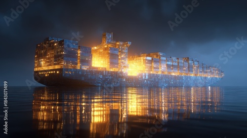 Fototapeta Naklejka Na Ścianę i Meble -  Container ship, luminous cargo blocks forming abstract patterns, 3D illustration.