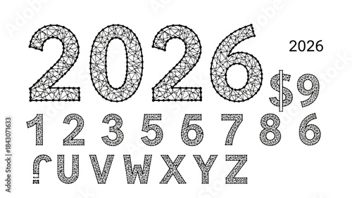 Geometric wireframe numbers and letters set isolated on white background