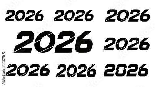 Graphic design set of the year 2026 font styles in various orientations