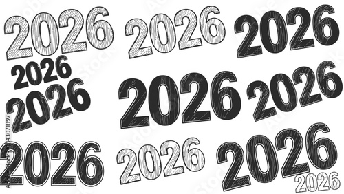 Multiple 2026 typography designs isolated on white background for future concepts