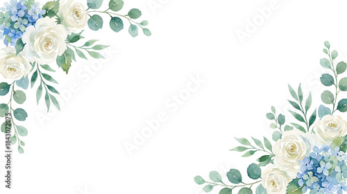 Watercolor White Rose and Blue Hydrangea Flower Border with Green Eucalyptus Leaves, Elegant Wedding Invitation Background.