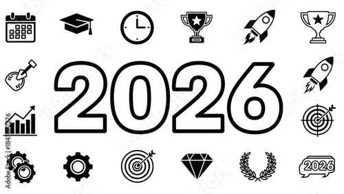 Year 2026 conceptual illustration with icons representing goals progress success