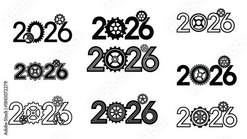 Year 2026 designs with gear elements for conceptual and illustrative use