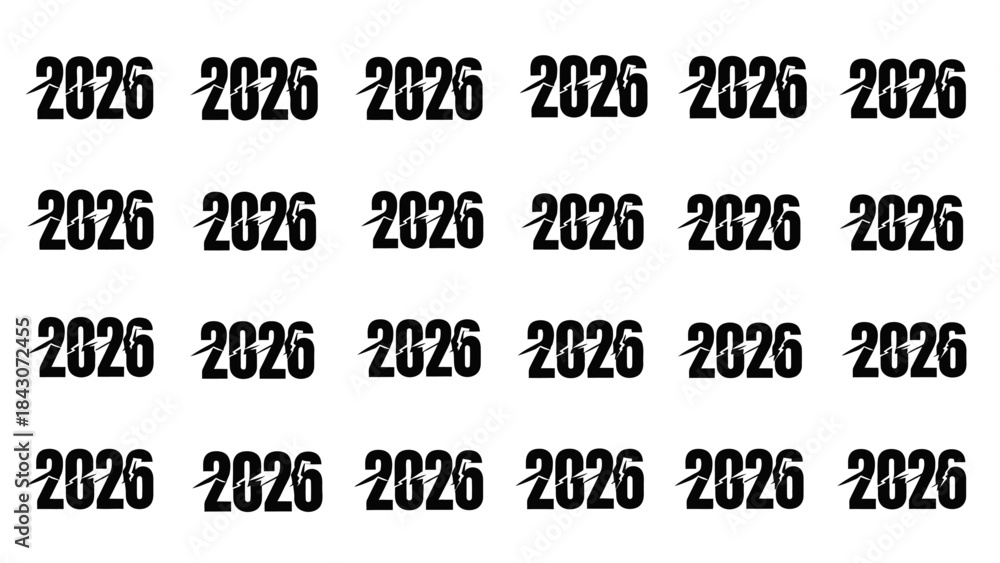 Obraz premium Year 2026 repeated pattern in black text with swirls against white background