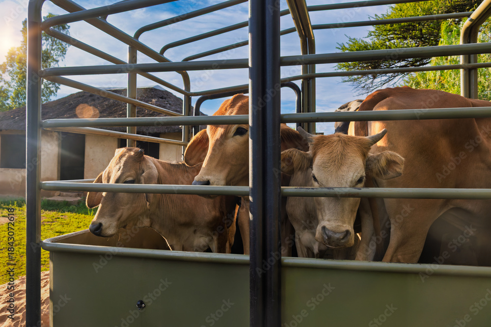 Fototapeta premium beef cattle transport, transport in trailer with metallic rails, livestock bullocks or young bulls, cows in cage