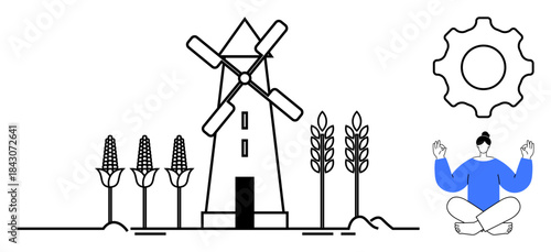 Agriculture, rural lifestyle, mindfulness, renewable energy, environmental conservation, holistic wellness. Windmill with crops and meditation figure. Agriculture and mindfulness concept