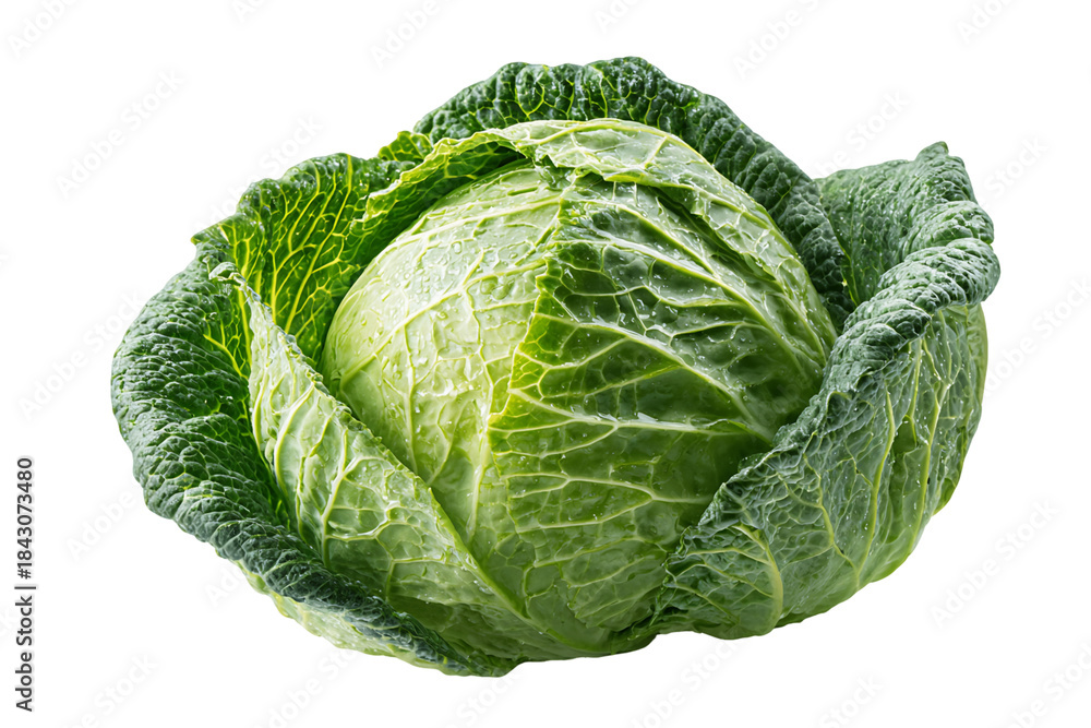 Fototapeta premium Fresh Savoy Cabbage Head Close Up on Transparent Background Studio Shot High Angle View Green Leaves with Intricate Veins and Textured Surface Dew Drops, PNG