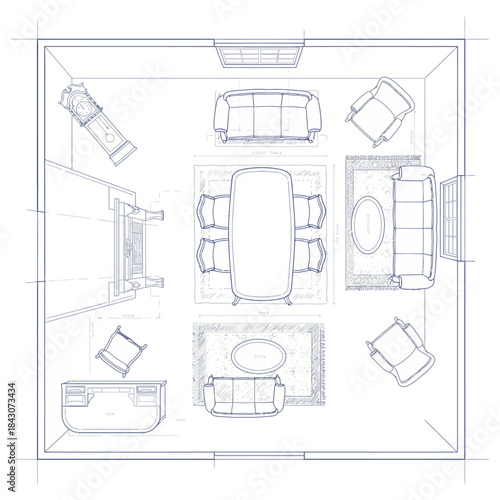 interior living room floor plan with furniture layout top view blueprint of sofa dining table and desk arrangement for home design