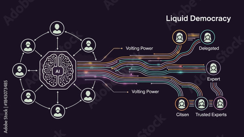 Illustration of Liquid Democracy concept showing AI, voting power delegation, and different participant roles like citizens and experts.