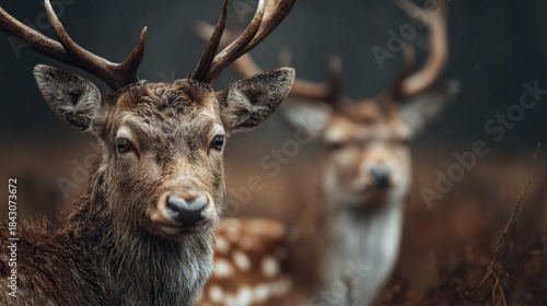 Majestic Stag Portrait with Blurry Companion in Atmospheric Setting
