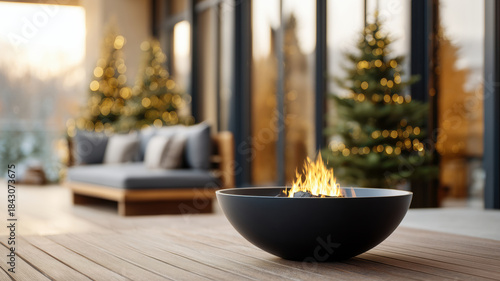 Contemporary patio with modern fire pit and decorated Christmas trees, glowing with warm light in a cozy winter atmosphere