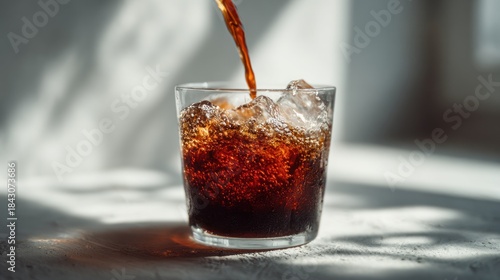 Refreshing cola drink with ice being poured into a glass on sunny day