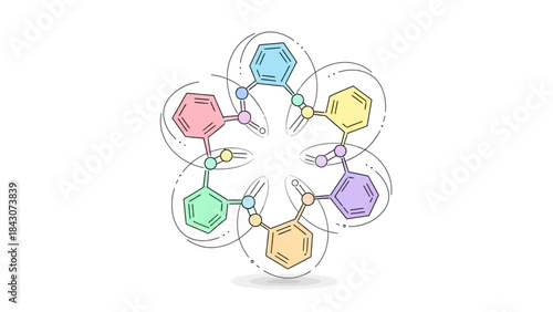 Scientific illustration of a cyclic organic molecule featuring multiple colored aromatic rings in a hexagonal arrangement.