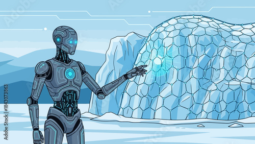 A futuristic humanoid robot with glowing blue lights interacts with a hexagonal ice formation in a cold, arctic landscape, representing advanced technology and environmental interaction.