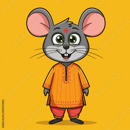 cute cartoon mouse wearing indian kurta and dhoti smiling on yellow background ideal for diwali and hindu festival concepts.