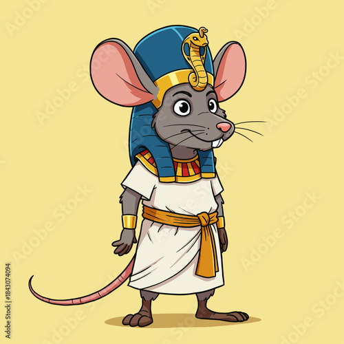 cute cartoon rat character dressed as an ancient egyptian pharaoh with nemes headdress and uraeus whimsical illustration for history.