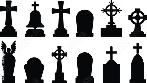 Array of Black Gravestone and Tombstone Silhouettes in Different Shapes monument memorial