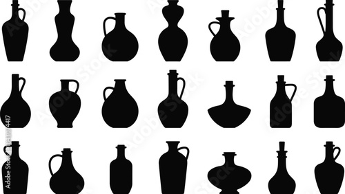 Assortment of Black Silhouette Ancient Pottery and Bottle Shapes on White vase amphora