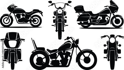 Assortment of Black Motorcycle Silhouettes Displayed from Multiple Perspectives motorbike bike