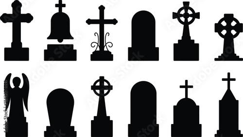 Assortment of Black Silhouette Gravestones and Cemetery Monuments on White tombstone graveyard