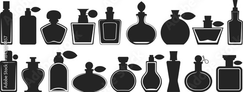 Assortment Of Black Silhouettes Of Elegant Perfume Bottles And Atomizers fragrance scent