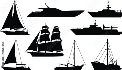 Assortment of Boat and Ship Silhouettes on White Background yacht sailboat