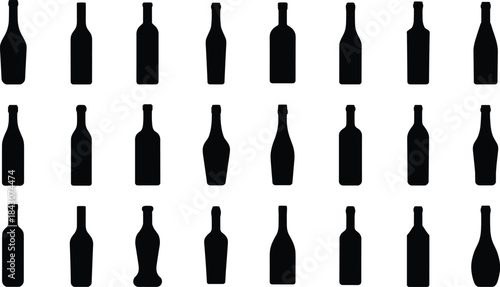 Assortment of Black Silhouettes of Various Bottles on White Background container glass bottle
