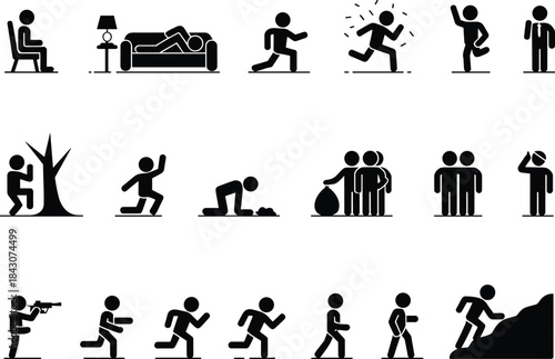 Black silhouette icons of people in various actions and poses vector illustration