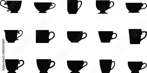 Collection of Black Silhouettes of Various Coffee and Tea Cups and Mugs coffee cup