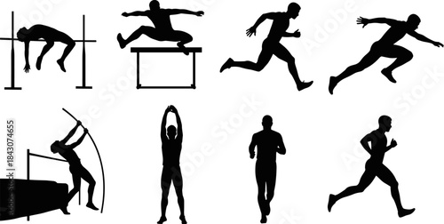 Athletics Track and Field Sport Set, High Jump, Hurdle Jump, Pole Vault, Sprint Running, and Jogging Man Silhouette Vector Illustration.