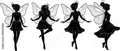 Beautiful Fairy Girl Black Silhouettes Collection, Fantasy Mythological Character Vector Set with Butterfly Wings, Magic Creature Illustration, Isolated